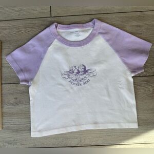Brandy Melville Purple and White “Heaven Sent” Baby Tee Crop Top Ringer Trim